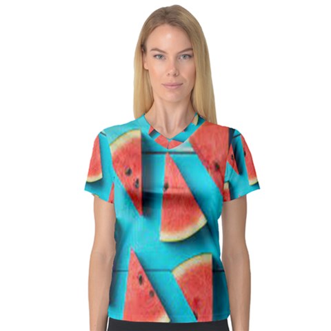 Watermelon Blue Background V-neck Sport Mesh Tee by artworkshop