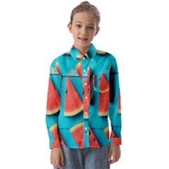 Watermelon Blue Background Kids  Long Sleeve Shirt by artworkshop