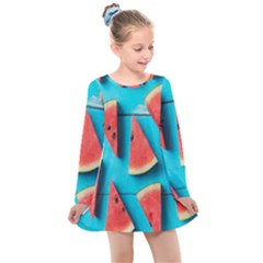 Watermelon Blue Background Kids  Long Sleeve Dress by artworkshop