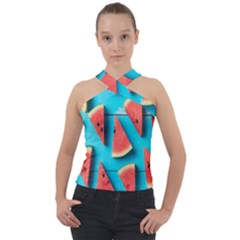 Watermelon Blue Background Cross Neck Velour Top by artworkshop