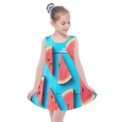 Watermelon Blue Background Kids  Summer Dress by artworkshop