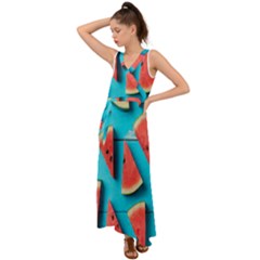 Watermelon Blue Background V-neck Chiffon Maxi Dress by artworkshop