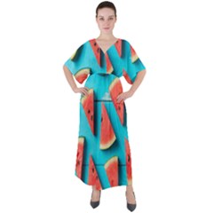 Watermelon Blue Background V-neck Boho Style Maxi Dress by artworkshop