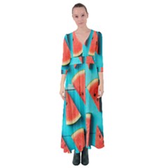 Watermelon Blue Background Button Up Maxi Dress by artworkshop