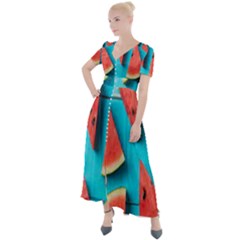 Watermelon Blue Background Button Up Short Sleeve Maxi Dress by artworkshop