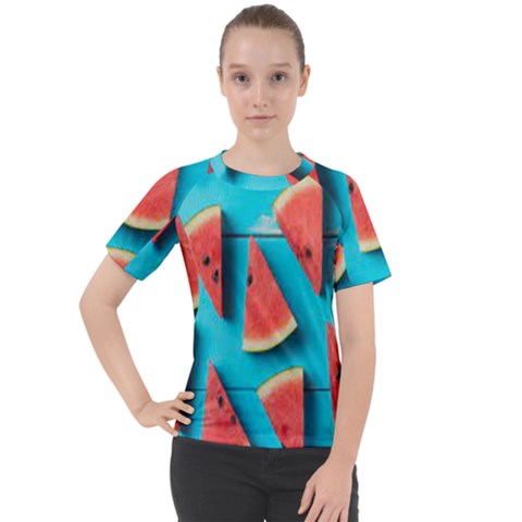 Watermelon Blue Background Women s Sport Raglan Tee by artworkshop