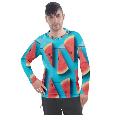 Watermelon Blue Background Men s Pique Long Sleeve Tee by artworkshop