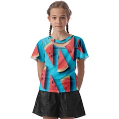 Watermelon Blue Background Kids  Front Cut Tee by artworkshop