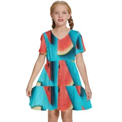 Watermelon Blue Background Kids  Short Sleeve Tiered Mini Dress