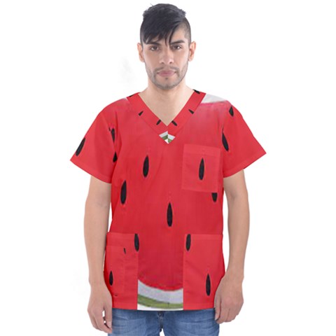 Watermelon Pillow Fluffy Men s V-neck Scrub Top by artworkshop