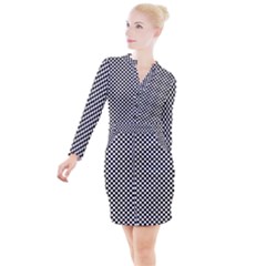 Black And White Checkerboard Background Board Checker Button Long Sleeve Dress by Amaryn4rt