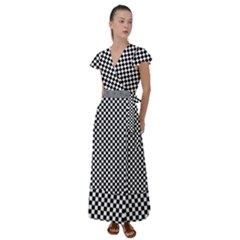 Black And White Checkerboard Background Board Checker Flutter Sleeve Maxi Dress by Amaryn4rt