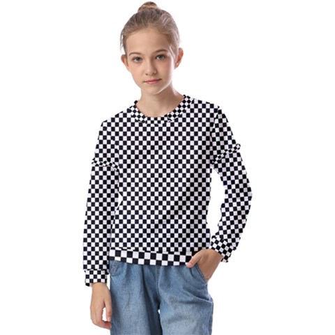 Black And White Checkerboard Background Board Checker Kids  Long Sleeve Tee With Frill  by Amaryn4rt