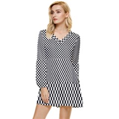 Black And White Checkerboard Background Board Checker Tiered Long Sleeve Mini Dress