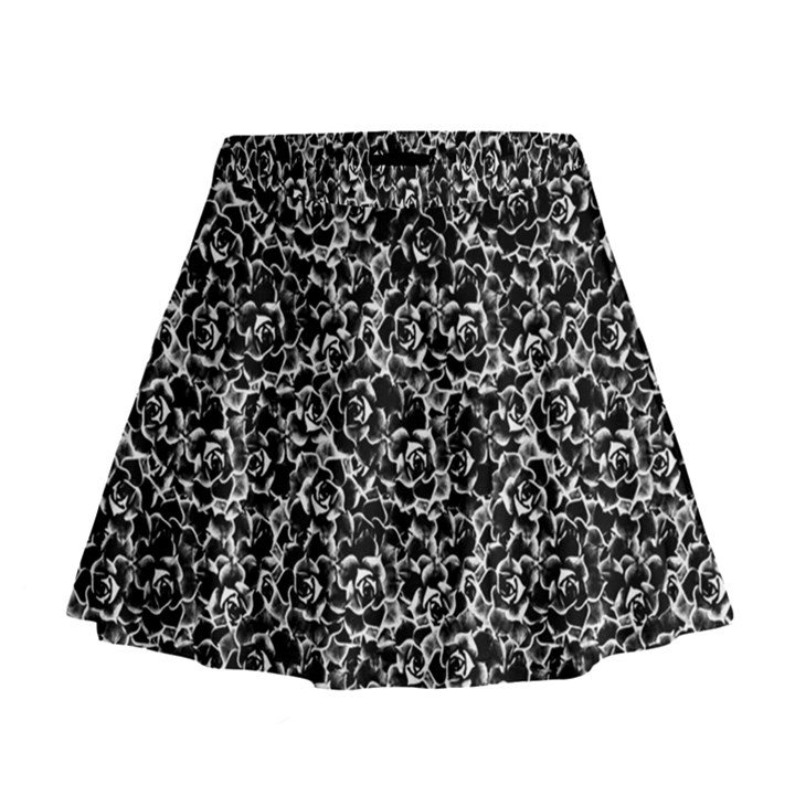 Dark Black And White Floral Pattern Mini Flare Skirt