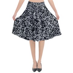 Dark Black And White Floral Pattern Flared Midi Skirt by dflcprintsclothing