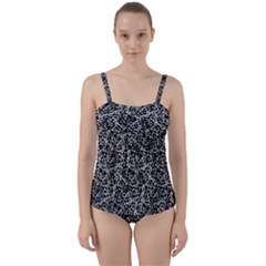 Dark Black And White Floral Pattern Twist Front Tankini Set by dflcprintsclothing