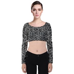 Dark Black And White Floral Pattern Velvet Long Sleeve Crop Top by dflcprintsclothing