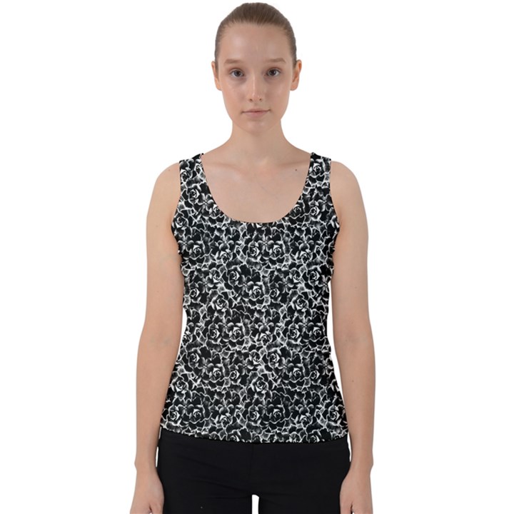 Dark Black And White Floral Pattern Velvet Tank Top