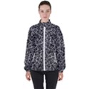 Dark Black And White Floral Pattern Women s High Neck Windbreaker View1