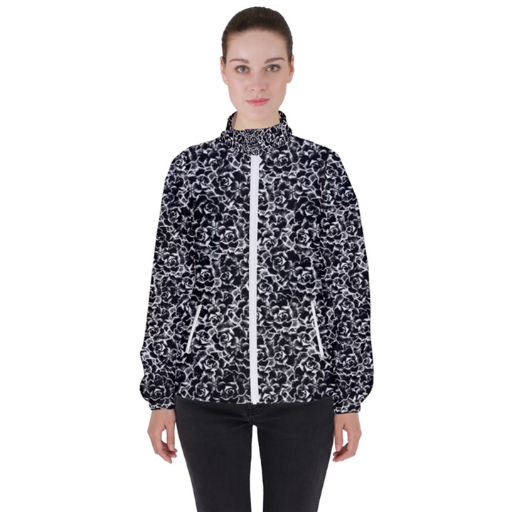 Dark Black And White Floral Pattern Women s High Neck Windbreaker