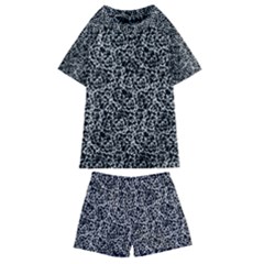 Dark Black And White Floral Pattern Kids  Swim Tee And Shorts Set by dflcprintsclothing