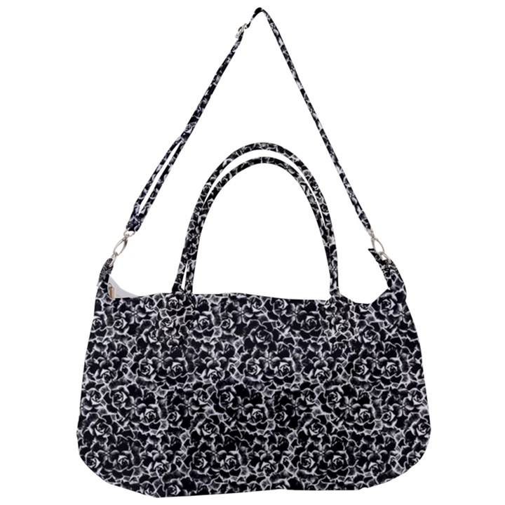 Dark Black And White Floral Pattern Removal Strap Handbag