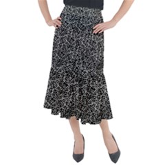 Dark Black And White Floral Pattern Midi Mermaid Skirt by dflcprintsclothing