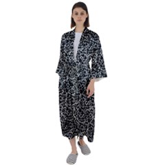 Dark Black And White Floral Pattern Maxi Satin Kimono