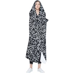 Dark Black And White Floral Pattern Wearable Blanket