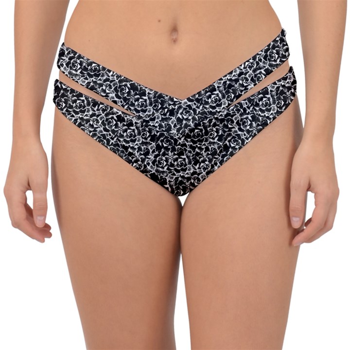 Dark Black And White Floral Pattern Double Strap Halter Bikini Bottom