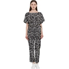 Dark Black And White Floral Pattern Batwing Lightweight Chiffon Jumpsuit by dflcprintsclothing