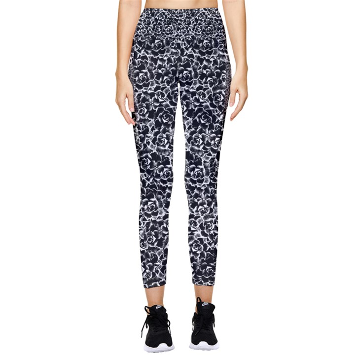 Dark Black And White Floral Pattern Pocket Leggings 