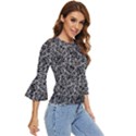 Dark Black And White Floral Pattern Bell Sleeve Top View3