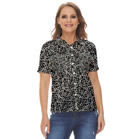 Dark Black And White Floral Pattern Women s Short Sleeve Double Pocket Shirt by dflcprintsclothing