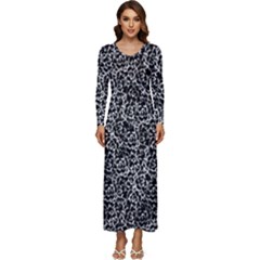 Dark Black And White Floral Pattern Long Sleeve Velour Longline Maxi Dress