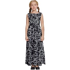 Dark Black And White Floral Pattern Kids  Satin Sleeveless Maxi Dress by dflcprintsclothing