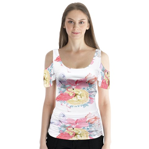 Flamingos Butterfly Sleeve Cutout Tee  by Sparkle