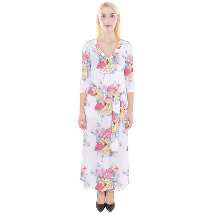 Flamingos Quarter Sleeve Wrap Maxi Dress