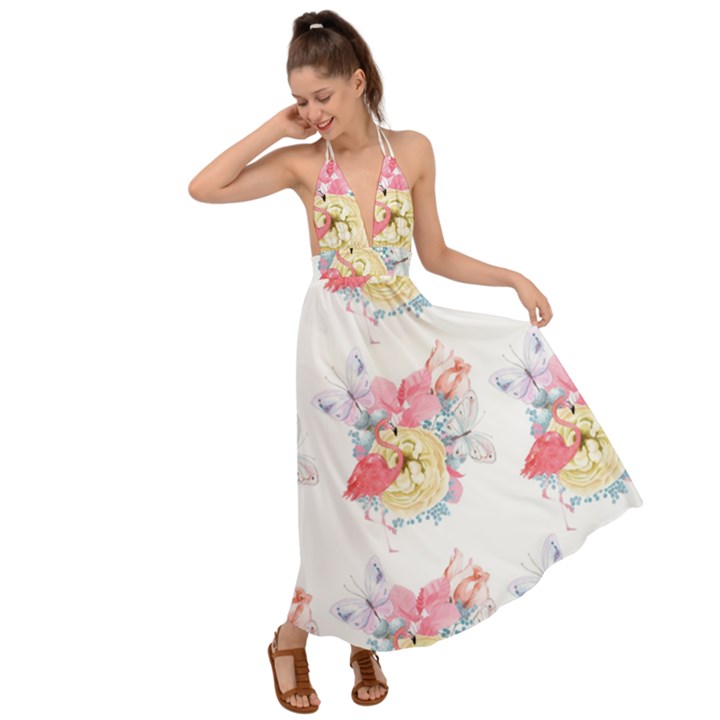 Flamingos Backless Maxi Beach Dress