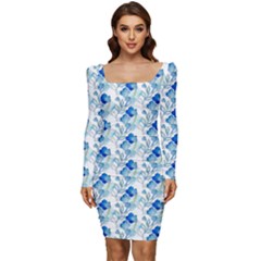 Flowers Pattern Women Long Sleeve Ruched Stretch Jersey Dress