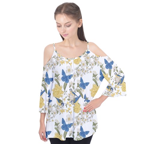 Birds Pattern Flutter Sleeve Tee  by Sparkle