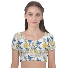 Birds Pattern Velvet Short Sleeve Crop Top  by Sparkle