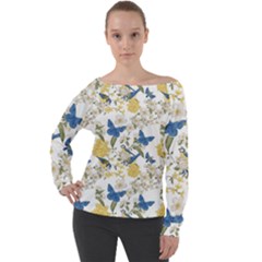 Birds Pattern Off Shoulder Long Sleeve Velour Top by Sparkle