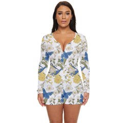 Birds Pattern Long Sleeve Boyleg Swimsuit