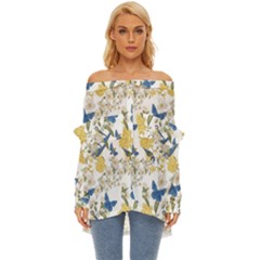 Birds Pattern Off Shoulder Chiffon Pocket Shirt by Sparkle