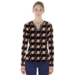 Flowers Pattern V-neck Long Sleeve Top by Sparkle