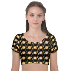 Flowers Pattern Velvet Short Sleeve Crop Top  by Sparkle