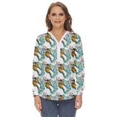 Birds Zip Up Long Sleeve Blouse