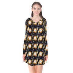 Flowers Pattern Long Sleeve V-neck Flare Dress by Sparkle